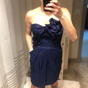Navy blue strapless dress w/ pockets, flower top